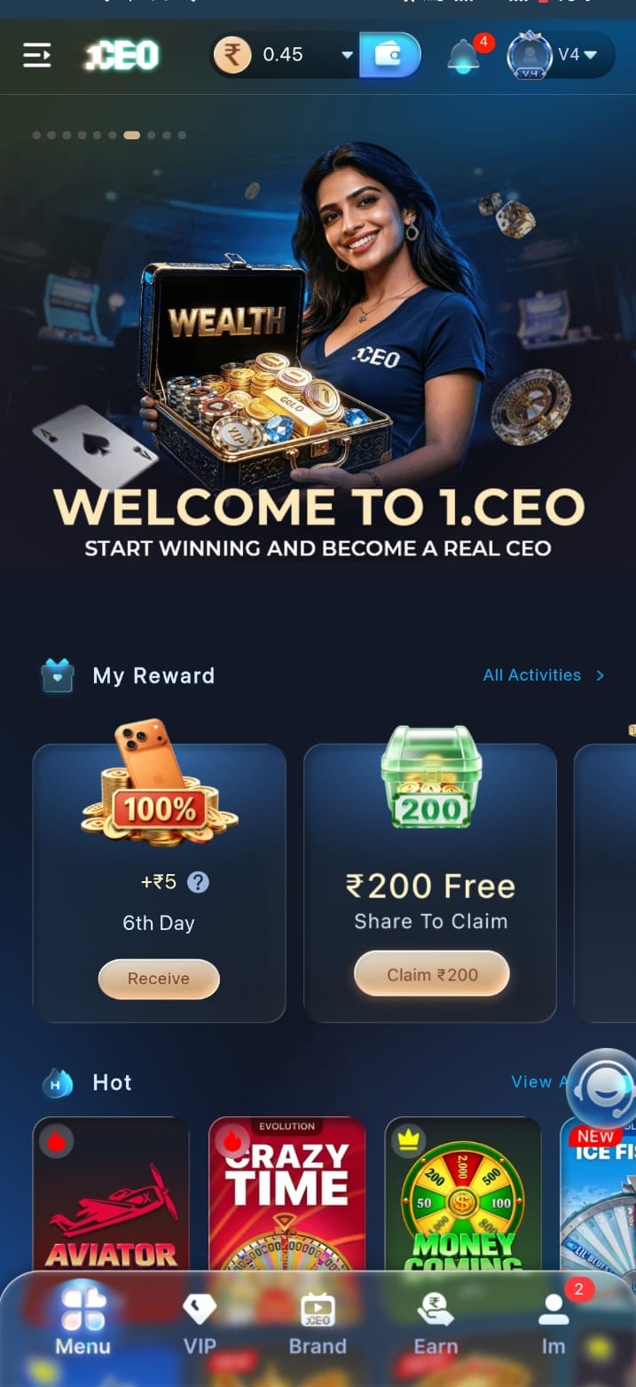 1CEO app interface and Aviator game showcase