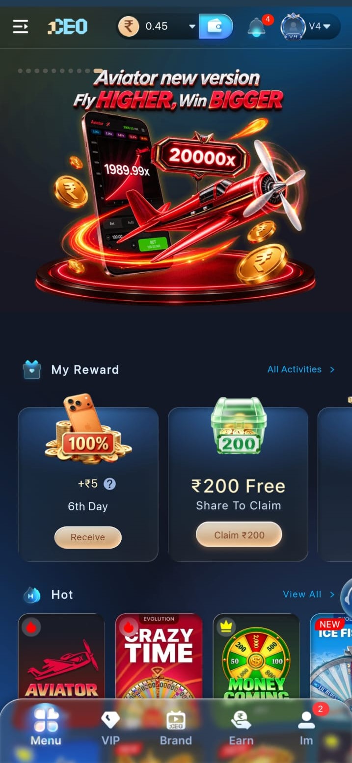 1CEO app welcome and rewards interface